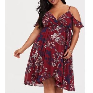 Torrid Burgundy Floral Cold Shoulder Wrap Dress